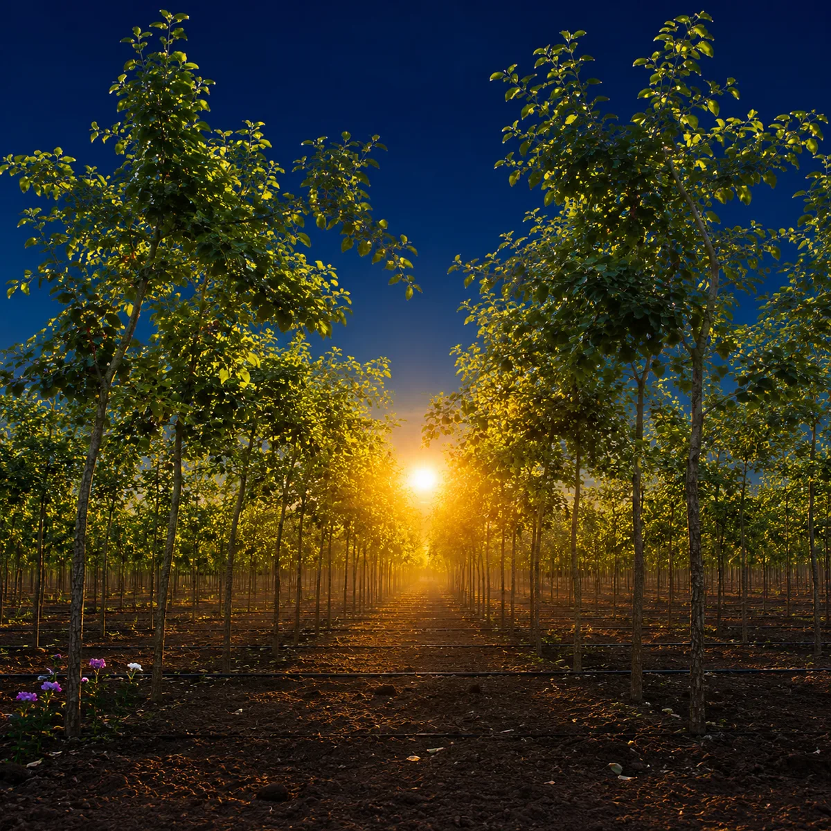 Young red sandalwood saplings with drip irrigation lines at dusk